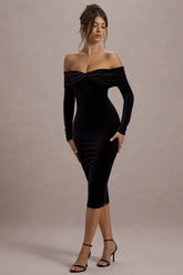 Black Velvet Bardot Midi Dress